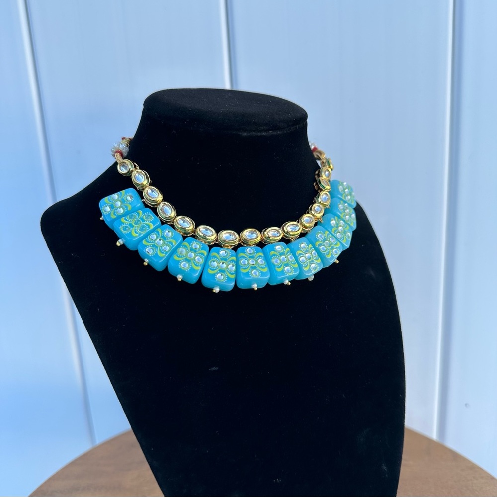 Kundan Blue Beaded Choker Necklace Set | Indian Floral Statement Jewelry - Picture 6 of 11